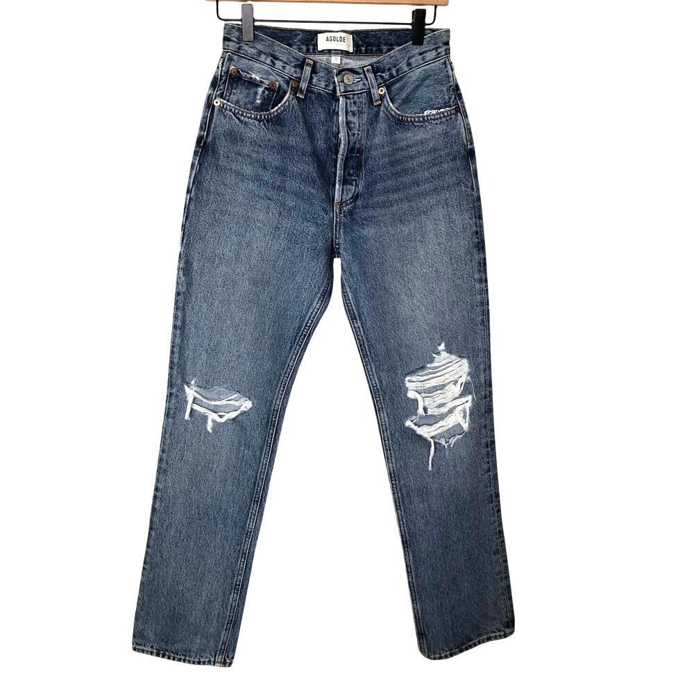 Agolde 90s Mid Rise Loose Fit Crop Jeans Distressed Streamline Blue Denim SZ: 25